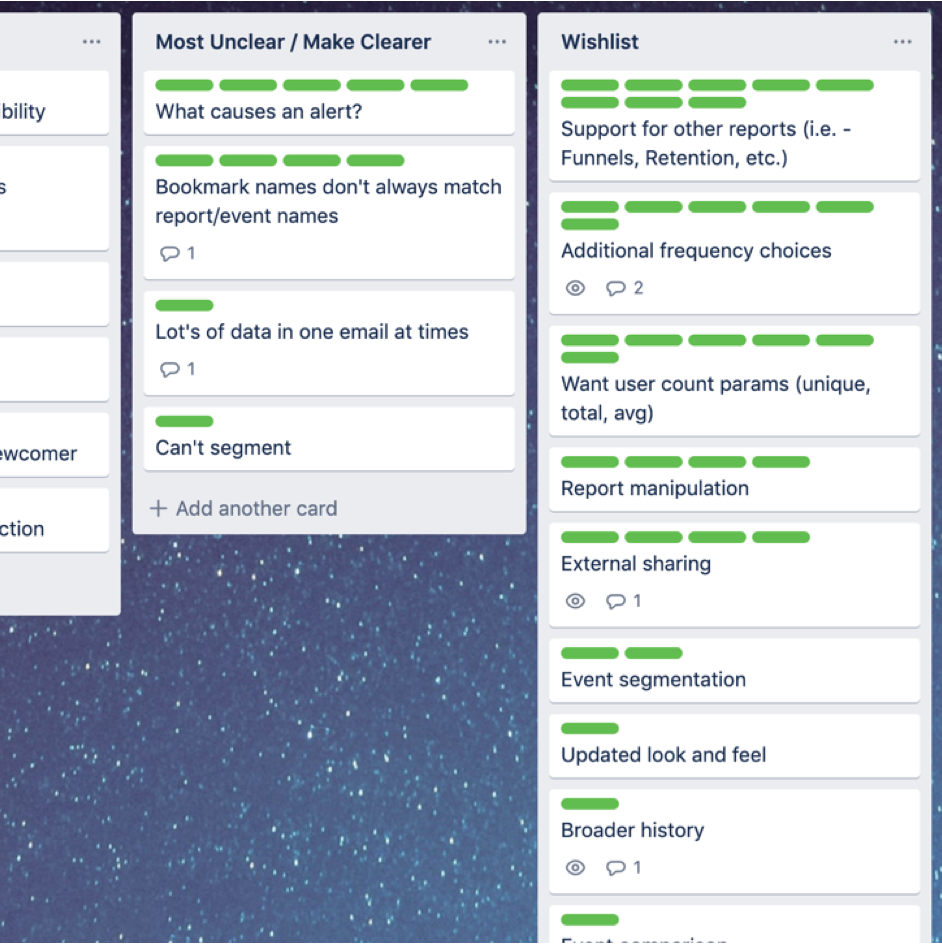 Trello board synthesizing data and response collection from customer interviews.