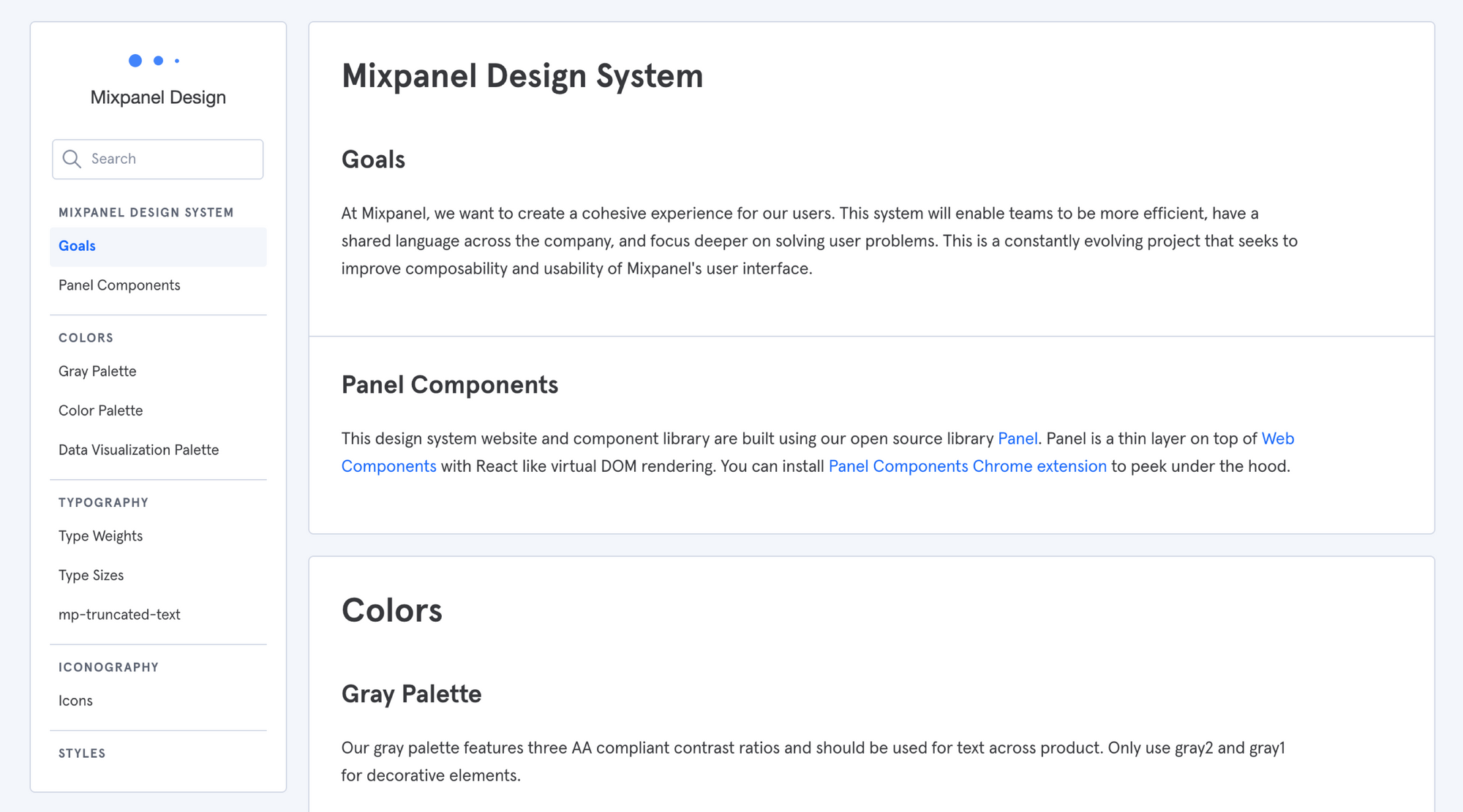 A screenshot of the Mixpanel Design System website which pulls from a Github repo.