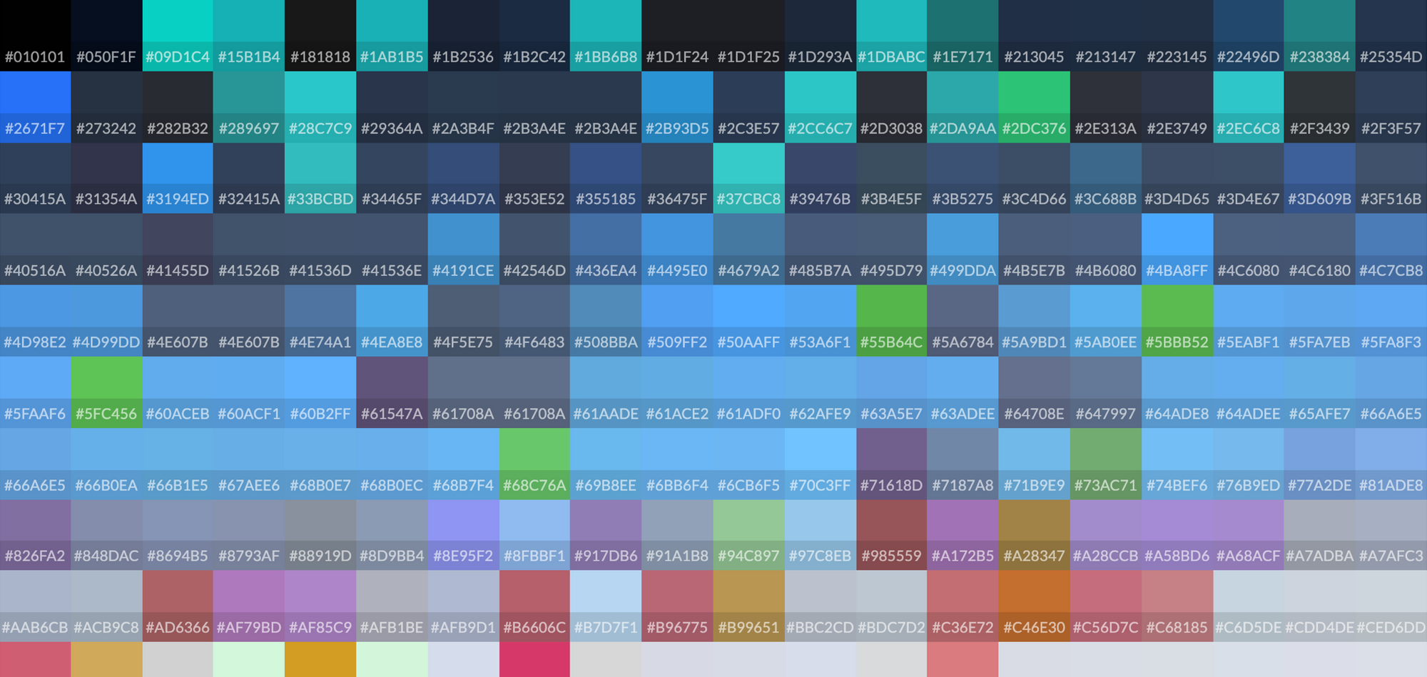 A group of colors found by the CSS and JS file crawler application I wrote.