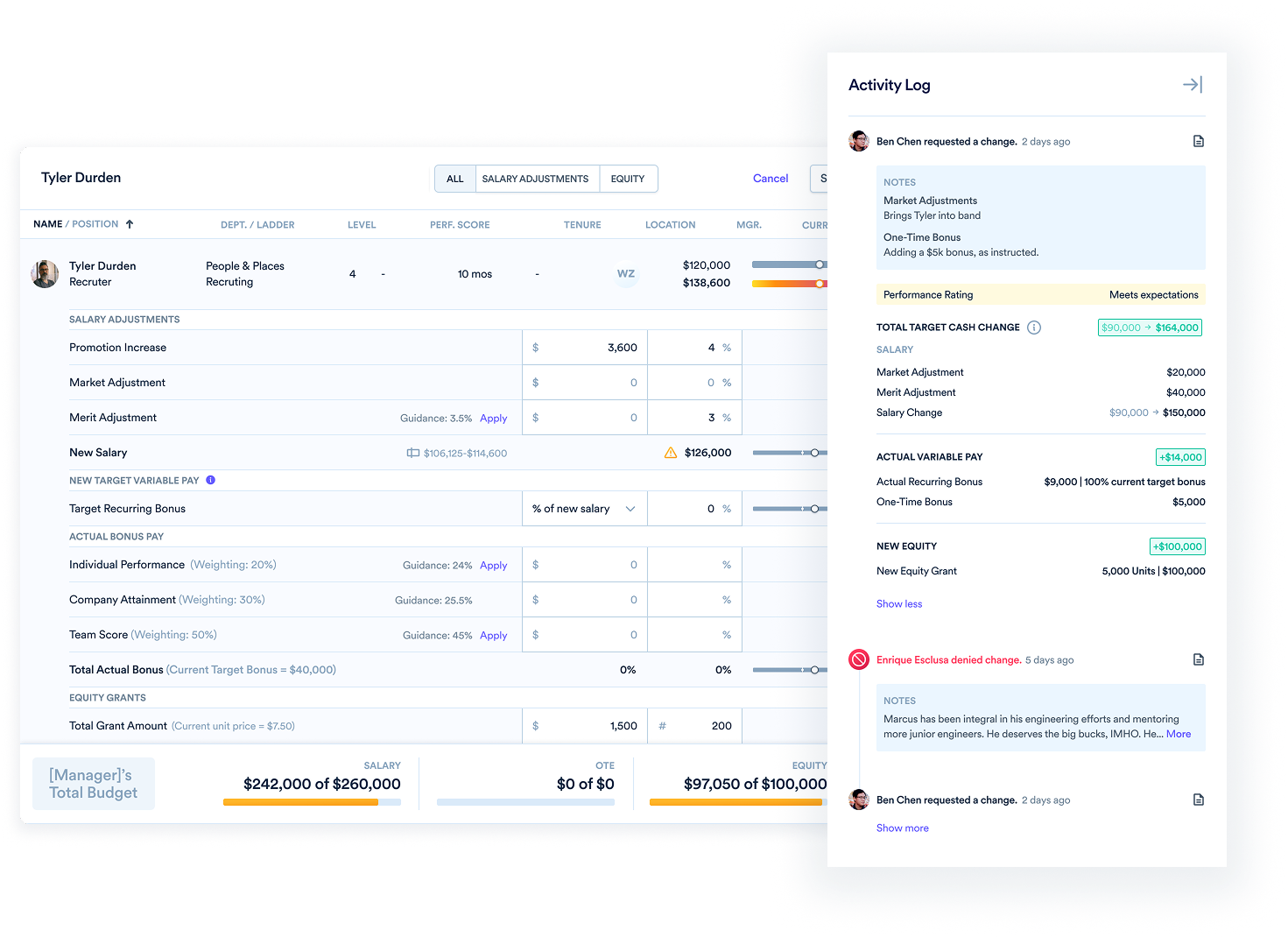 A view of the adjustment modal and activity feed showing the progress of a request.